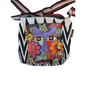 Laurel Burch Cat Flower Crossbody Purse Bag Chevron Black White Adjustable Strap